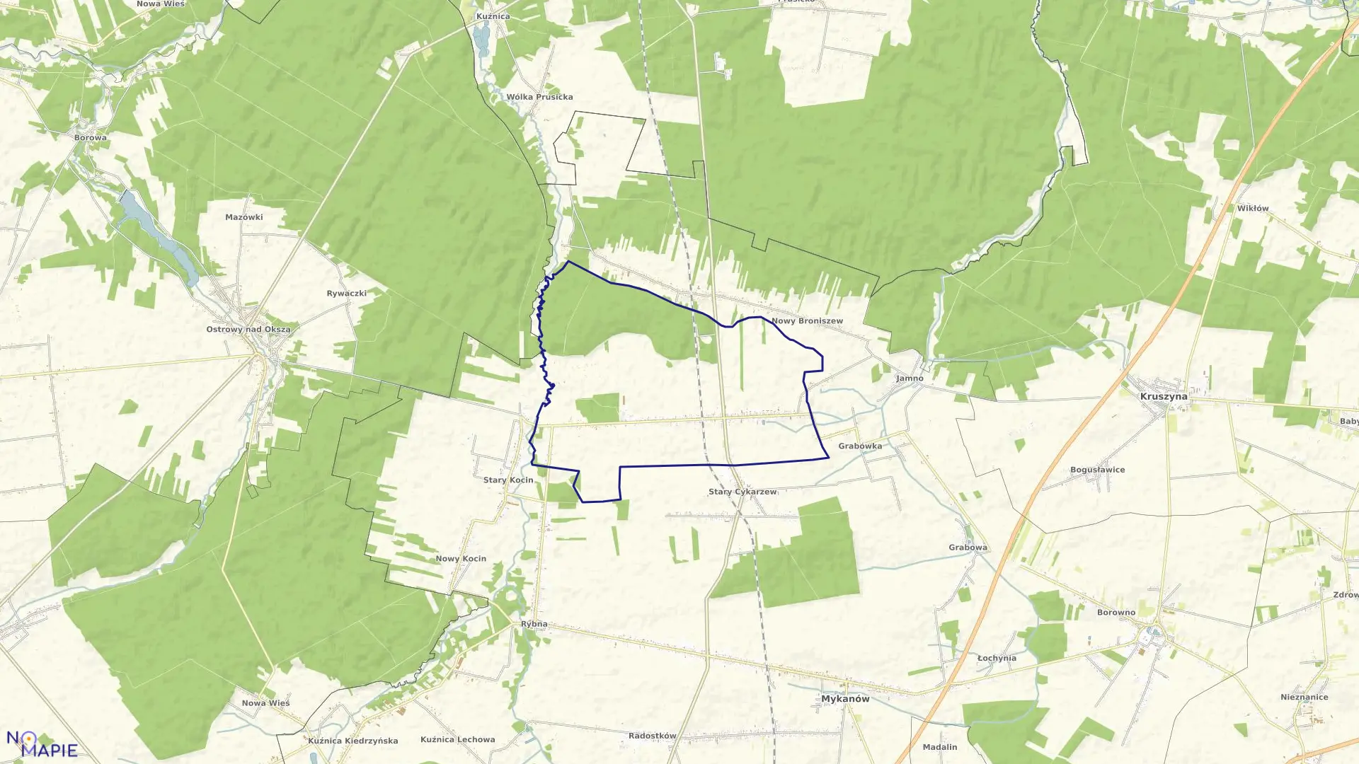 Mapa obrębu Cykarzew Północny w gminie Mykanów