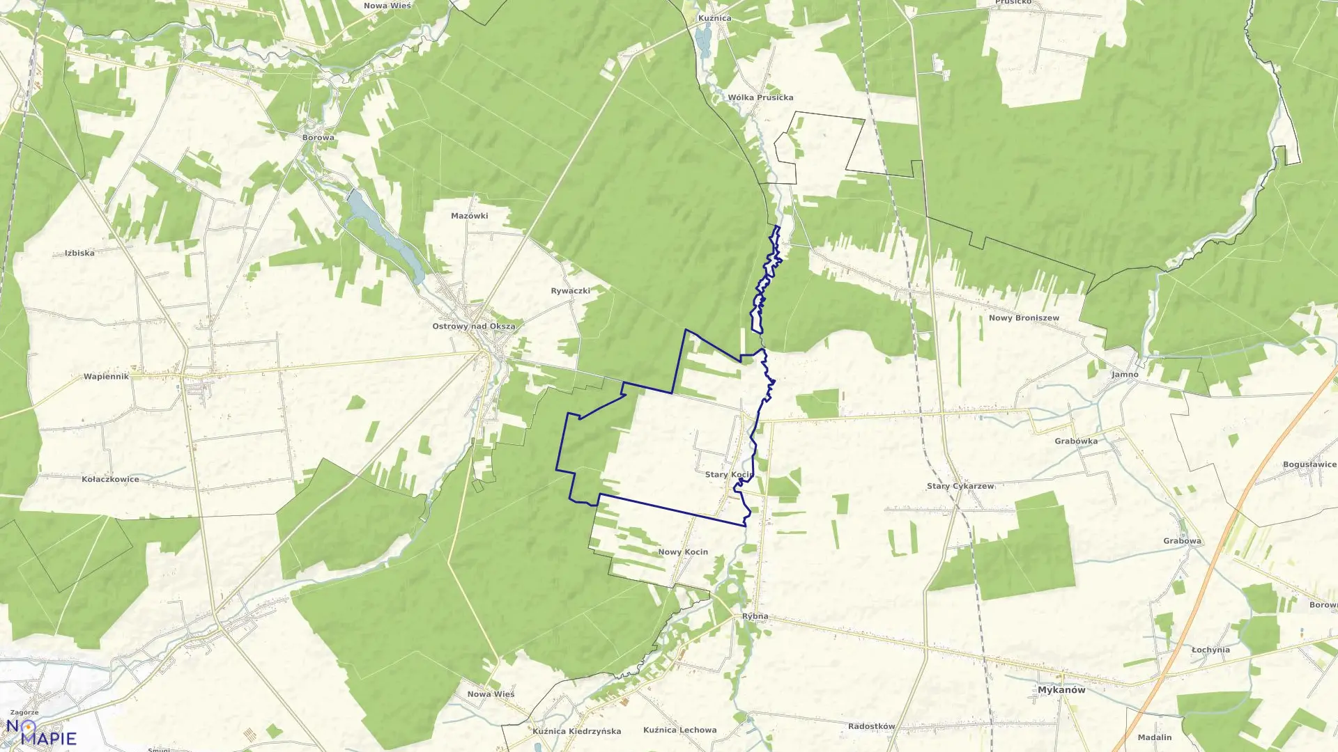 Mapa obrębu Kocin Stary w gminie Mykanów