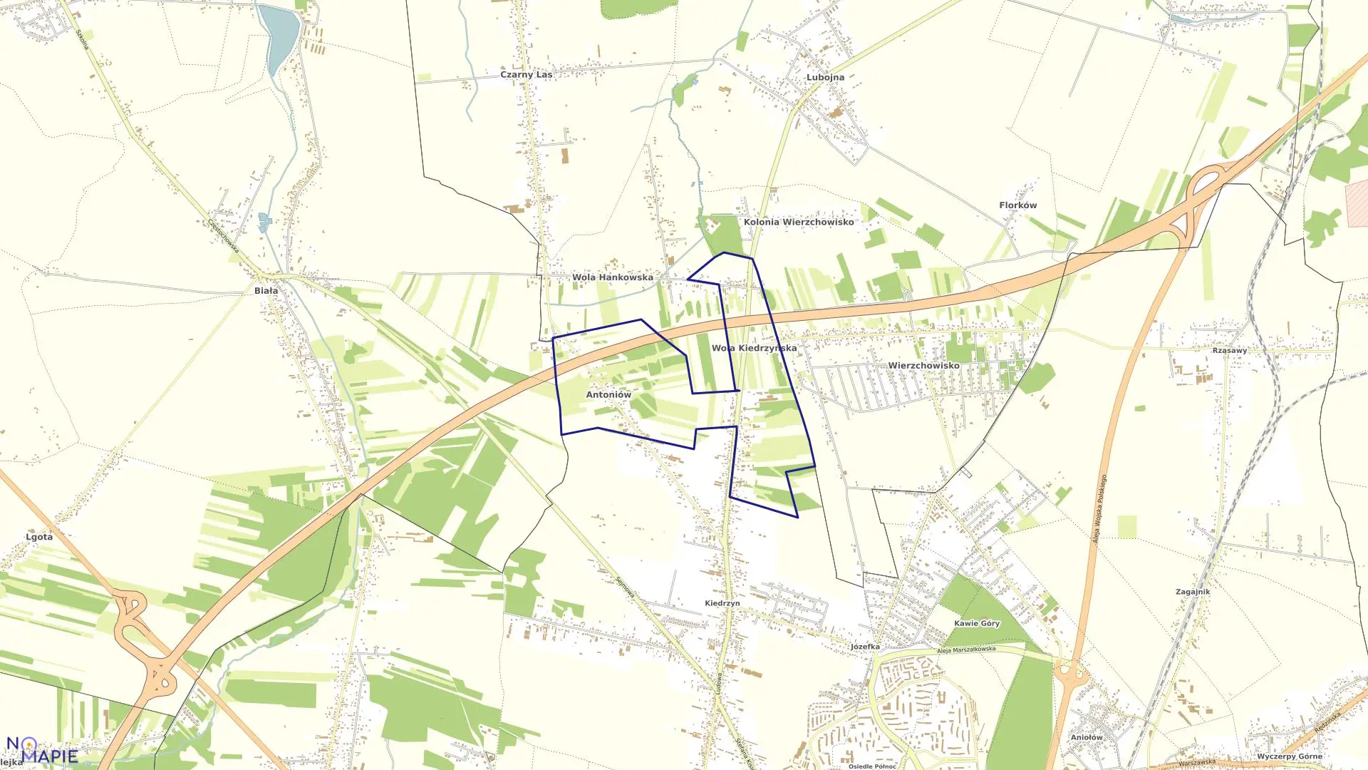 Mapa obrębu Wola Kied.-Antoniów w gminie Mykanów